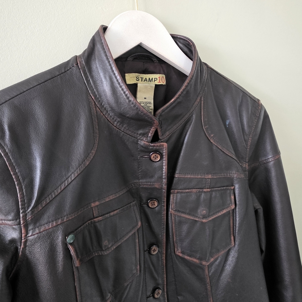Stamp 10 M 90s Modern Contemporary Western Rodeo Burnished Leather Jacket - Picture 6 of 16